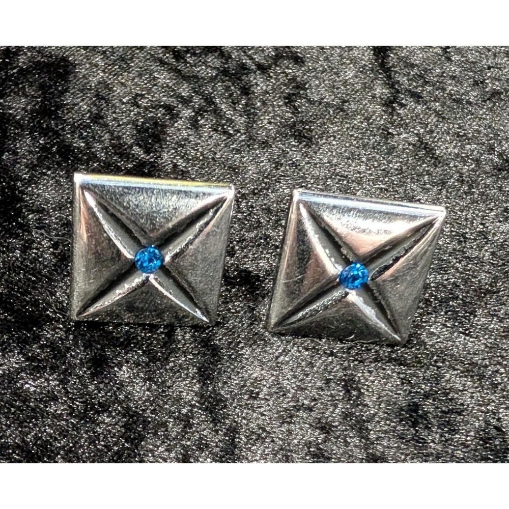 Swank Vintage Mens Square Silver Tone Blue Rhinestone Starburst Cufflinks